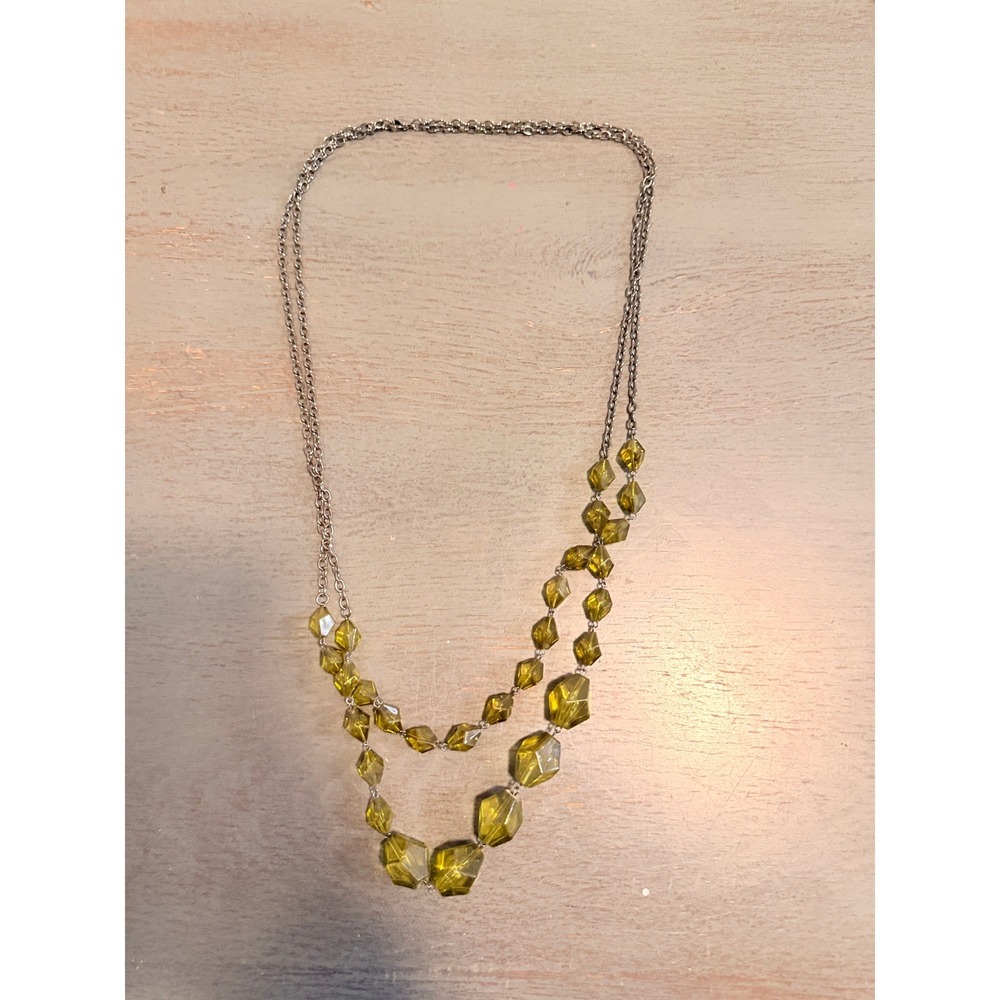 Vintage Layered Olive Green Faceted Bead Necklace Gunmetal Chain 17 Inch